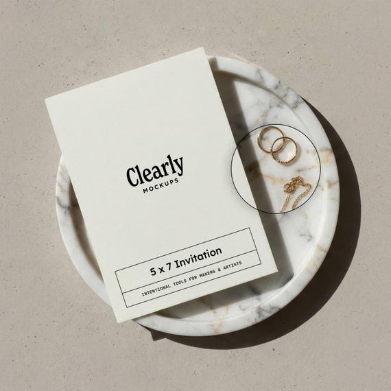 5x7 Invitation Mockup: Card on Marble Tray, Wedding Birthday Baby Shower, PSD Smart Object