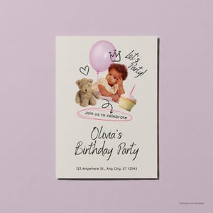 May include: A cream-coloured birthday party invitation with a child, teddy bear, cupcake, and pink balloon illustration. Text includes "Olivia's Birthday Party" and "Join us to celebrate". The address is also included on the invitation.