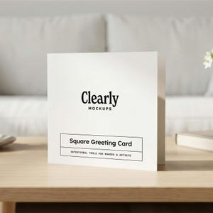Peut inclure: Maquette de carte de vœux carrée blanche avec le texte "Clearly Mockups" et "Square Greeting Card". La carte est posée sur une table en bois avec un arrière-plan flou.