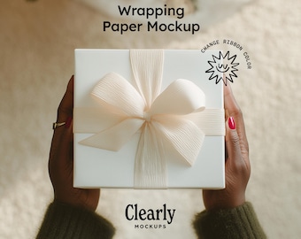 Christmas Wrapping Paper Mockup: Editable Gift Box with Smart Object and Color Changing Bow