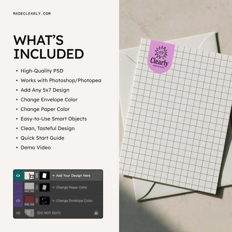 May include: A mockup featuring a white grid-lined card with a pink sticker that reads "Clearly Mockups." The card is layered over a white envelope. The image also includes a list of features, including high-quality PSD and easy-to-use smart objects.
