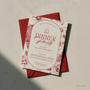 May include: A formal dinner party invitation with a red floral design and matching red envelope. The invitation includes the text "Dinner Party" and the date "September 18, 2025". The invitation is for Avery, hosted by Aaron Loeb & Olivia Wilson.