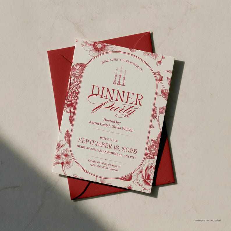 May include: A formal dinner party invitation with a red floral design and matching red envelope. The invitation includes the text "Dinner Party" and the date "September 18, 2025". The invitation is for Avery, hosted by Aaron Loeb & Olivia Wilson.