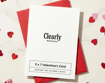 Valentine's Card Mockup: 5x7 Invitation, Red Envelope with Confetti, PSD & JPG (Digital Download)