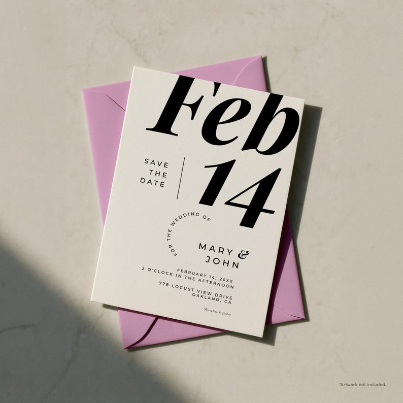 May include: A white wedding invitation with black text, featuring "Feb 14" in large font. The invitation includes "Save the Date" and details for Mary & John's wedding, resting on a lavender envelope.