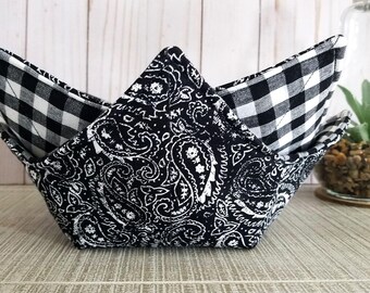 Bowl Cozy Set of 2: Black Paisley & Buffalo Check - Microwave Safe - Hot or Cold