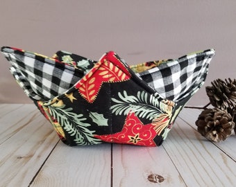 Bowl Cozy Set of 2 Holiday Ornaments Buffalo Black and White Check, Microwave Bowl Cozies, All Cotton
