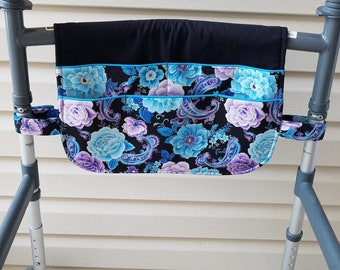 Walker Bag, Turquoise & Lilac Garden, Caddy, Tote, Organizer, Lots of Pockets, Rollator
