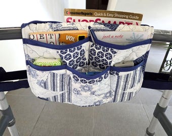 Quilted Blue Geo - Walker Bag – Caddy - Lots of Pockets - Mobility Aid Tote
