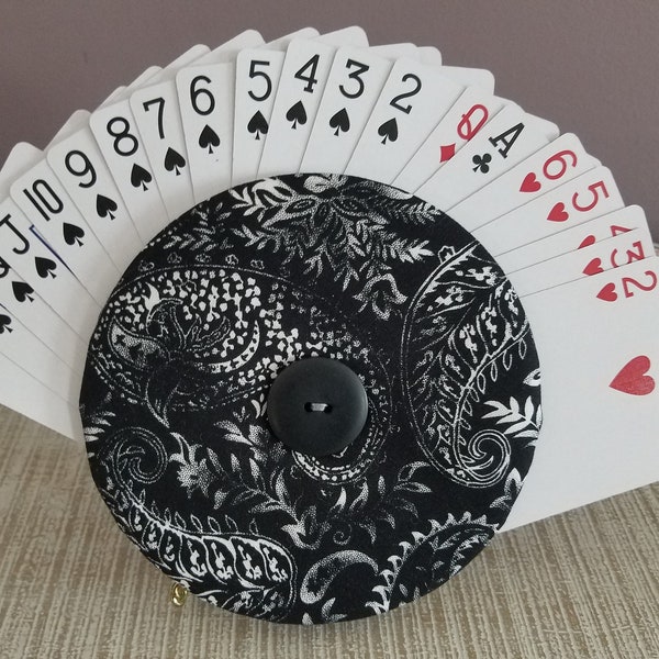 Playing Card Holder, Black Paisley, Round, Fabric, Card Organizer, Easy to Hold Up to 20+ Cards, Helps Those with Arthritis Pain