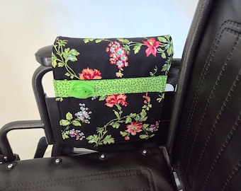 Wheelchair Armrest Bag: Big Floral on Black Sailboats - Mobility Aid - Accessory