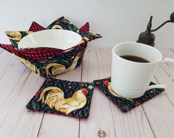 Bowl Cozy Set of 2 & Matching Coasters - Chickens - Microwave Bowl Cozies, All Cotton
