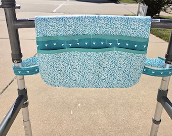 Walker Bag, White Leaves on Teal, Caddy, Tote, Organizer, Lots of Pockets