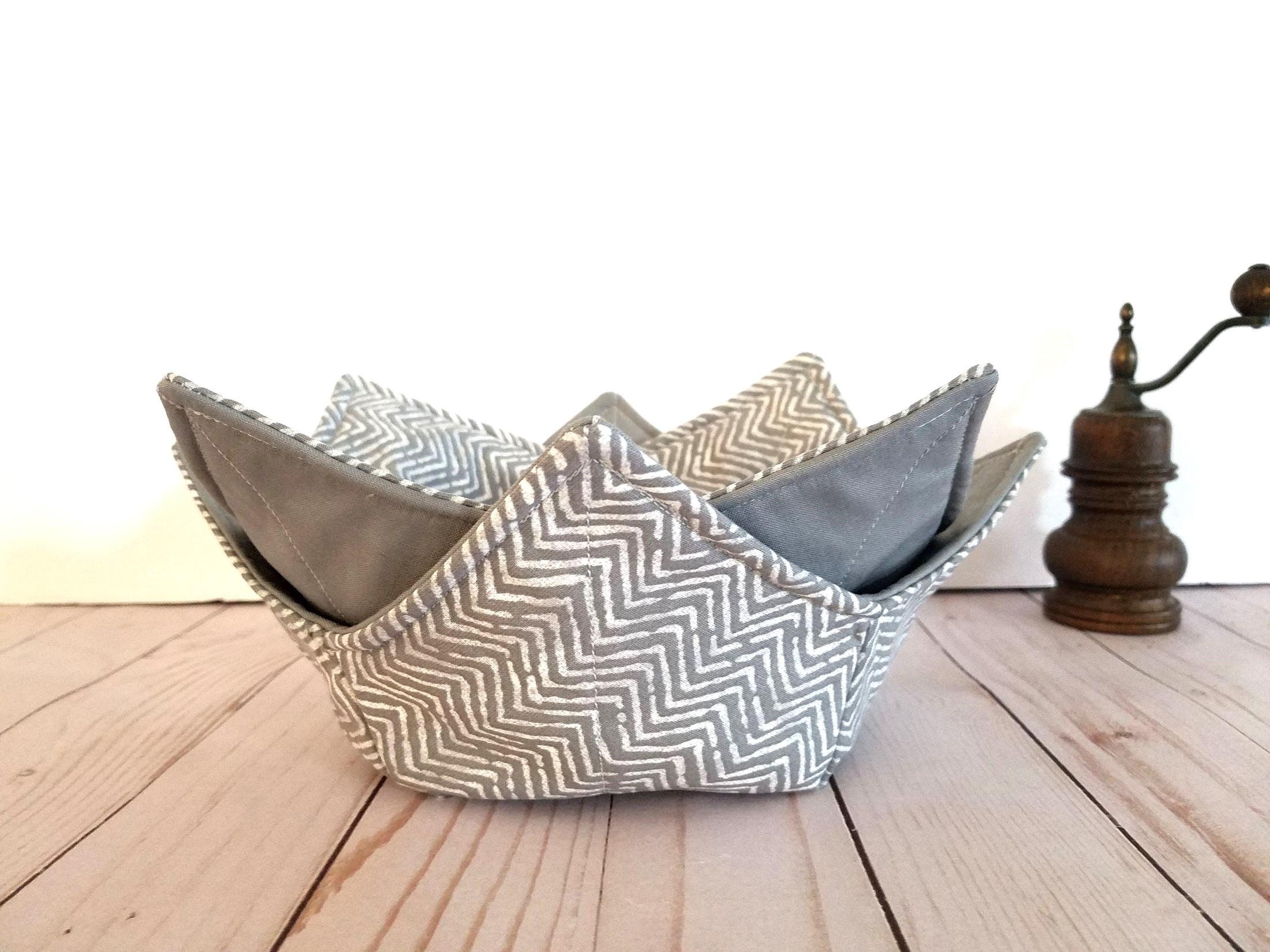 Bowl Cozy Set of 2, Gray & White Herringbone, Reversible, Microwave Bowl Cozies, All Cotton