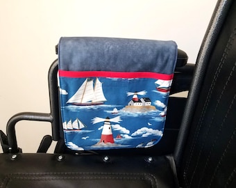 Wheelchair Armrest Bag: Sailboats - Lighthouse - Nautical - Mobility Aid
