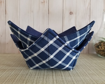 Bowl Cozy Set of 2, Navy Plaid, Microwave Bowl Cozies, All Cotton