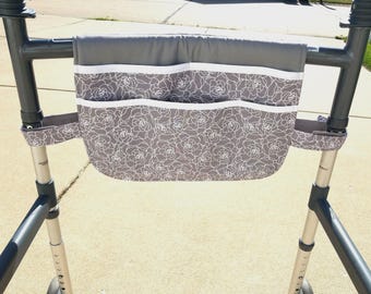 Walker Bag, White Lace Flowers on Gray, Caddy, Organizer, Tote, Lots of Pockets