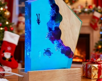 Handmade Resin Wood Lamp: Ocean Scene, USB-Powered Night Light
