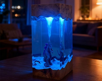 Godzilla Resin Lamp: Handmade Monster Night Light, Epoxy Wood Decoration