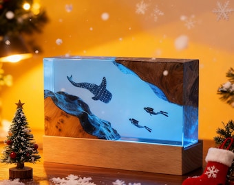 Whale Resin Lamp: Underwater Ocean Night Light, Wood Accent