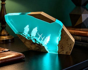 Elk Resin Lamp: Handmade Wood & Crystal Night Light