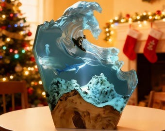 Whale Surfing Resin Art Night Light: Ocean Scene, Home Decor