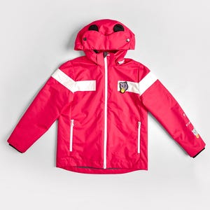May include: A bright pink hooded jacket with white stripes across the chest and sleeves. The jacket features a bear patch and a white zipper. The hood has black accents. This outerwear is designed for children.