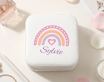 Personalisierte Regenbogen-Schmuckschatulle für Mädchen, ein niedlicher Reiseorganizer und ein Erinnerungsgeschenk für Geburtstage, Töchter, Blumenmädchen und Kinder.