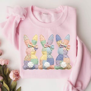 Patchwork Easter Sweatshirt, Pastel Easter Bunny Sweater, Spring Rabbit Pullover