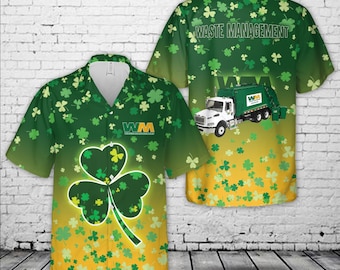 Camisa hawaiana de San Patricio de Waste Management, camisa de trabajo irlandesa verde trébol, divertida camisa hawaiana de camión de basura, regalo para fiesta del Día de San Patricio