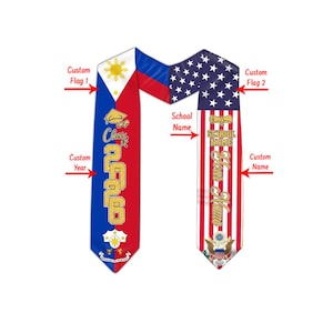 Personalized Philippines USA Graduation Stole, Custom Dual Flag Senior Sash with Name School Year, Class of Keepsake Gift