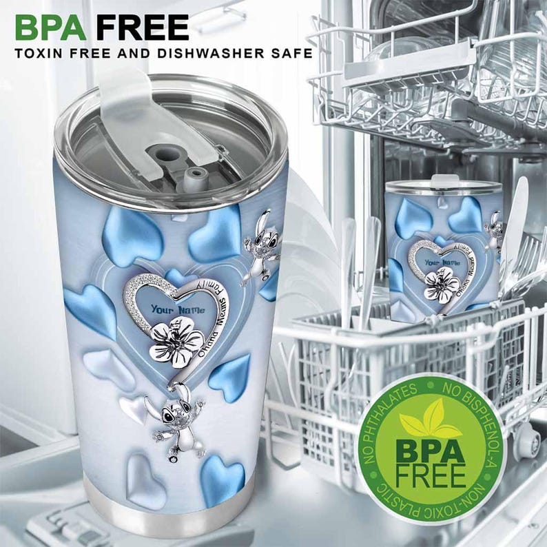 May include: A stainless steel tumbler with a light blue background and blue heart shapes. The tumbler features a heart-shaped design with the text "Your Name" and a cartoon character. The tumbler is BPA free and dishwasher safe.