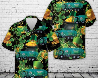 Camisa hawaiana de camión de basura para el Día de San Patricio, camisa aloha dorada con trébol, camisa irlandesa de trabajador de residuos, regalo divertido de San Patricio