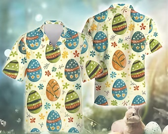 Camisa hawaiana con huevo de Pascua, color crema para hombre y mujer, con botones florales, atuendo festivo de primavera, regalo divertido de Pascua.