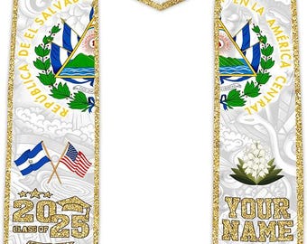 Estola de graduación personalizada de El Salvador, promoción de 2026, banda de graduación con la bandera salvadoreña y estadounidense, banda personalizada para estudiantes de último año con nombre y año escolar.