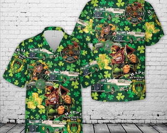 Camisa hawaiana de bombero del Día de San Patricio, camisa de camión de bomberos de duende, camisa aloha de trébol irlandés, regalo divertido de San Patricio