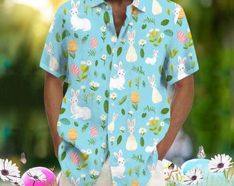 Camisa hawaiana de conejito de Pascua, camisa azul de Pascua para hombre y mujer, camisa con botones de huevo de conejo, atuendo festivo de primavera, bonito regalo de Pascua.
