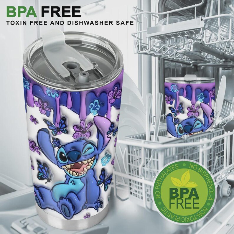 May include: A stainless steel tumbler featuring a cartoon character with a purple and blue design. The tumbler has a white background with purple drips and butterflies. The text "BPA FREE" and "TOXIN FREE AND DISHWASHER SAFE" are visible.