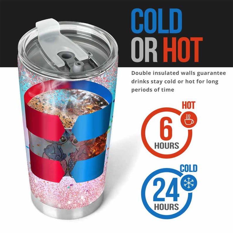 Pu&ograve; includere: Un bicchiere in acciaio inossidabile con coperchio trasparente, con un design a strisce rosse, bianche e blu e un personaggio dei cartoni animati. Il testo "COLD OR HOT" &egrave; visibile, con dettagli sulla conservazione della temperatura per 6 ore a caldo e 24 a freddo.