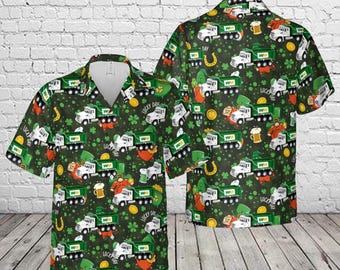 Camisa hawaiana de San Patricio de Waste Management, divertida camisa aloha con diseño de camión volquete de trébol, ropa verde irlandesa para fiestas de trabajo, regalo del Día de San Patricio