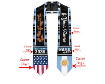 Personalized Butterfly Dual Flag Graduation Stole, Custom Senior Sash with Name School Year USA Argentina Class of Gift