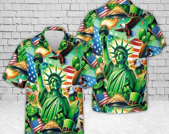 Camisa hawaiana de San Patricio de EE. UU., camisa aloha con trébol irlandés patriótico, ropa festiva verde de la Estatua de la Libertad, regalo para fiesta del Día de San Patricio