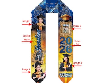 Estola de graduación con foto personalizada en azul y dorado, banda personalizada para estudiantes de último año con nombre, año escolar y 4 imágenes, regalo para la ceremonia.
