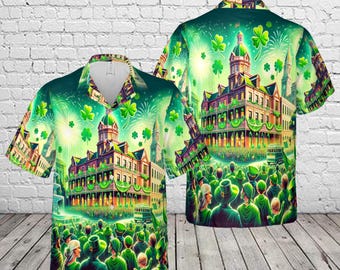 Camisa hawaiana del Día de San Patricio en Savannah, Georgia, camisa aloha con desfile histórico, camisa con escena de trébol, regalo para festivales irlandeses