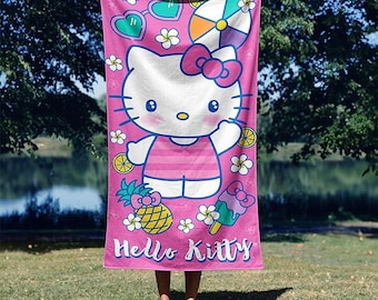 Gepersonaliseerde schattige Hello Kitty-badhanddoek, Hello Kitty-handdoeken voor meisje, strandlaken cadeau, cadeau voor strand-/zwembadliefhebbers