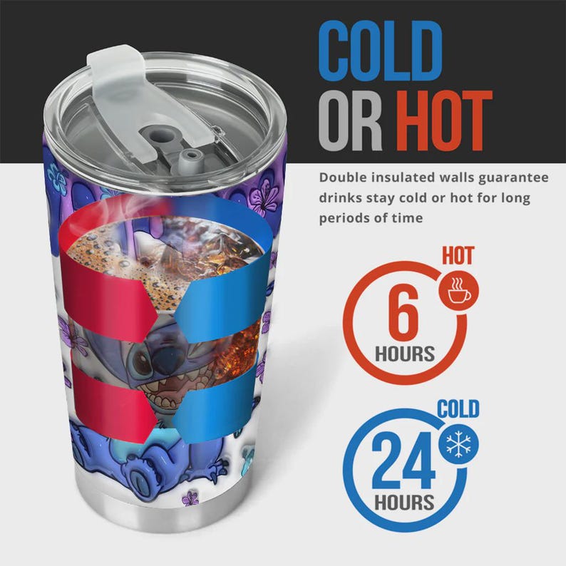 May include: A stainless steel tumbler featuring a cartoon character design with the text "COLD OR HOT". The tumbler keeps drinks cold for 24 hours and hot for 6 hours. The tumbler has a clear lid and is filled with a beverage.