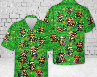 Camisa hawaiana de vaca de las Tierras Altas de San Patricio, linda camisa aloha con trébol de vaca bebé, divertida ropa verde irlandesa para festivales, regalo del Día de San Patricio