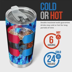 May include: Stainless steel tumbler with a blue flame design and an alien graphic. The tumbler keeps drinks cold for 24 hours and hot for 6 hours. The text "COLD OR HOT" is displayed in blue and red.