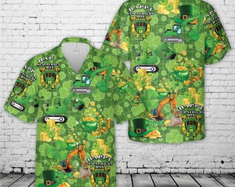 Camisa hawaiana de excavadora para el Día de San Patricio, camisa aloha con trébol de construcción, divertida camisa de trabajo irlandesa, regalo de San Patricio para hombres