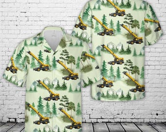 Camisa hawaiana de grúa de construcción, camisa aloha de grúa todoterreno, camisa de equipo pesado, regalo de vehículo de trabajo forestal